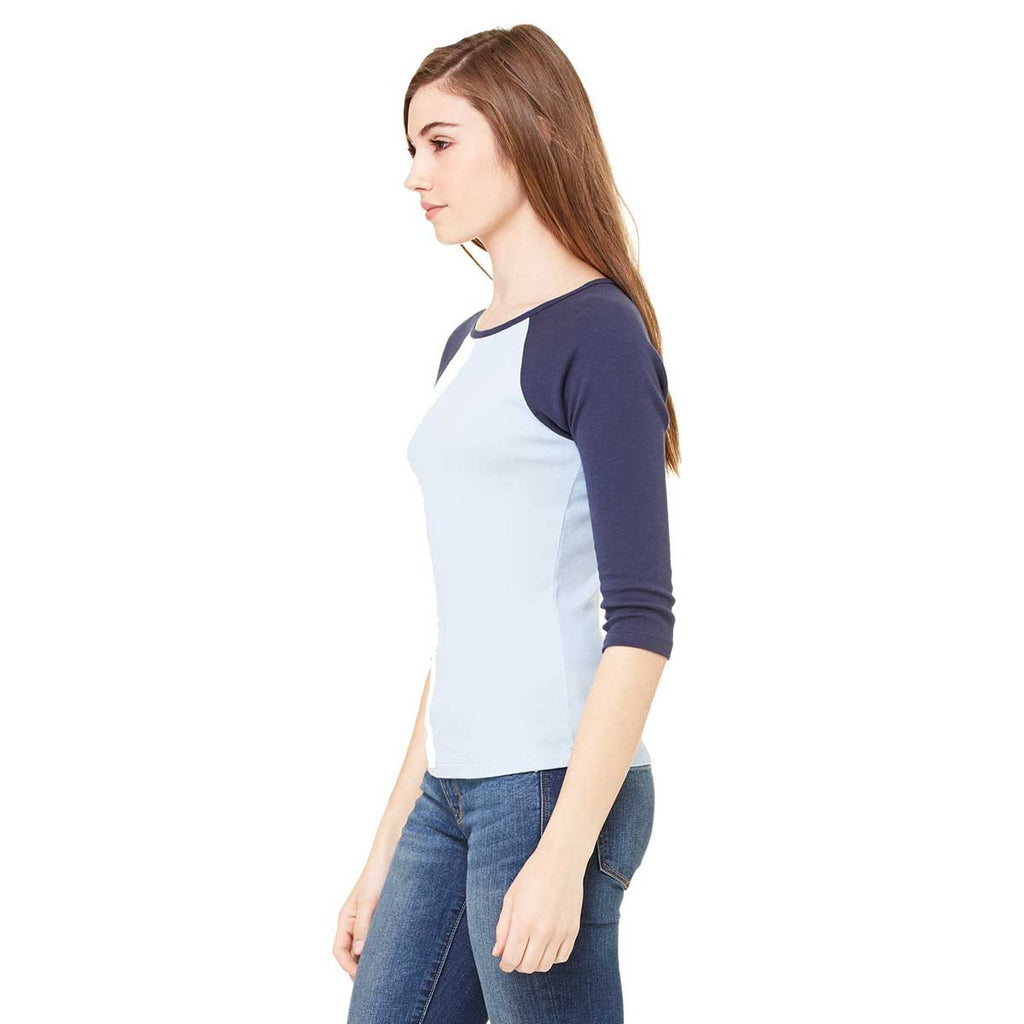 Bella + Canvas Women's Baby Blue/Navy Stretch Rib 3/4-Sleeve Contrast Raglan T-Shirt