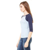 Bella + Canvas Women's Baby Blue/Navy Stretch Rib 3/4-Sleeve Contrast Raglan T-Shirt