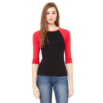 Bella + Canvas Women's Black/Red Stretch Rib 3/4-Sleeve Contrast Raglan T-Shirt