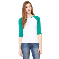 Bella + Canvas Women's White/Kelly Stretch Rib 3/4-Sleeve Contrast Raglan T-Shirt