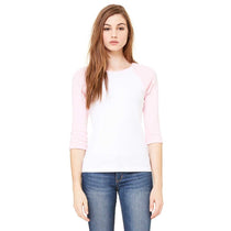 Bella + Canvas Women's White/Pink Stretch Rib 3/4-Sleeve Contrast Raglan T-Shirt