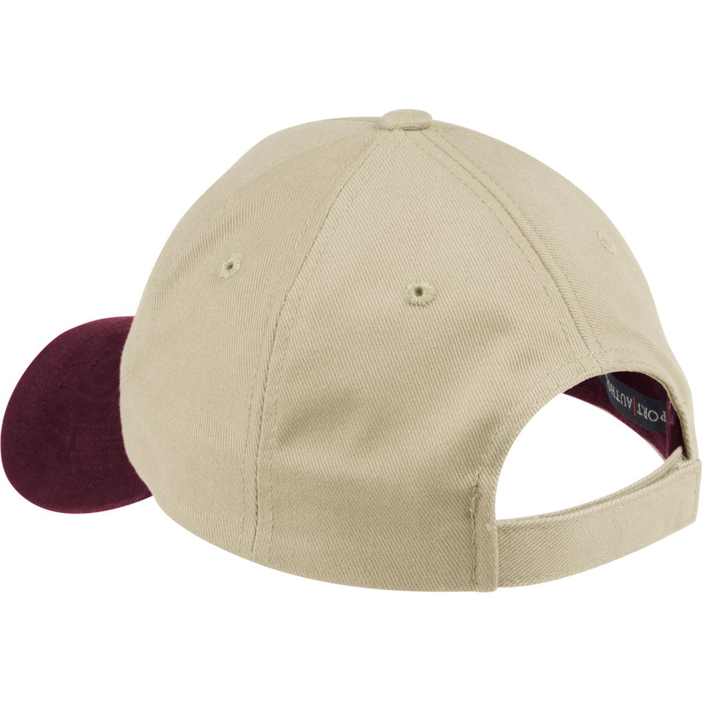 Port Authority Light Khaki/Maroon Two-Tone Brushed Twill Cap