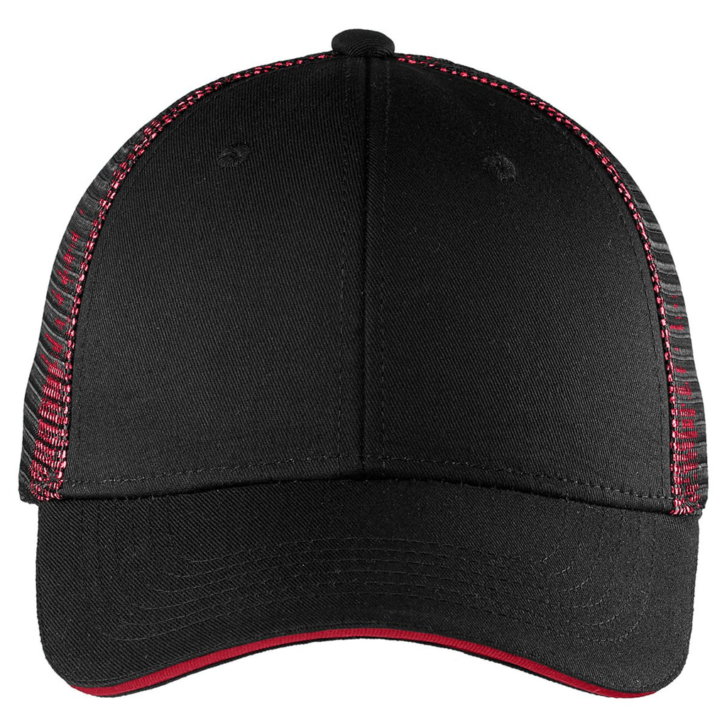 Port Authority Black/ Red Double Mesh Snapback Sandwich Bill Cap