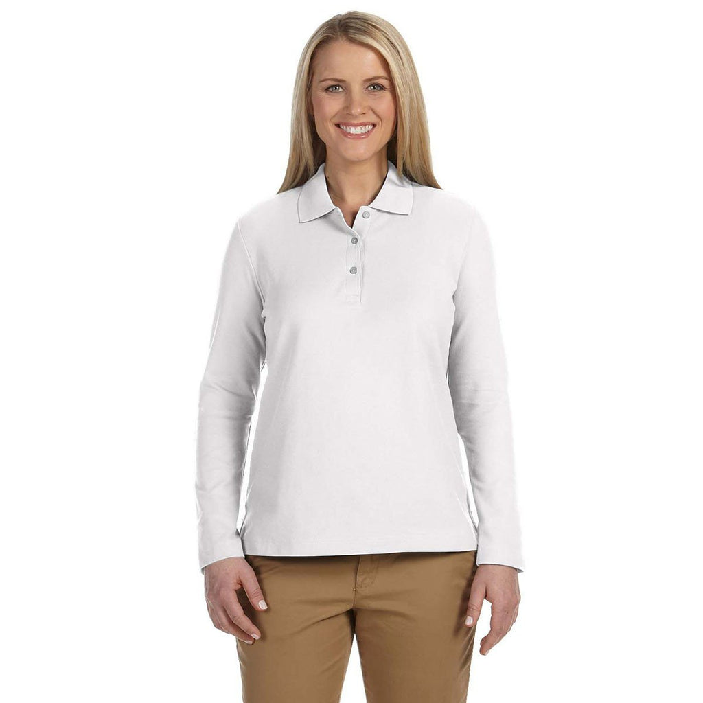 Devon & Jones Women's White Pima Pique Long-Sleeve Polo