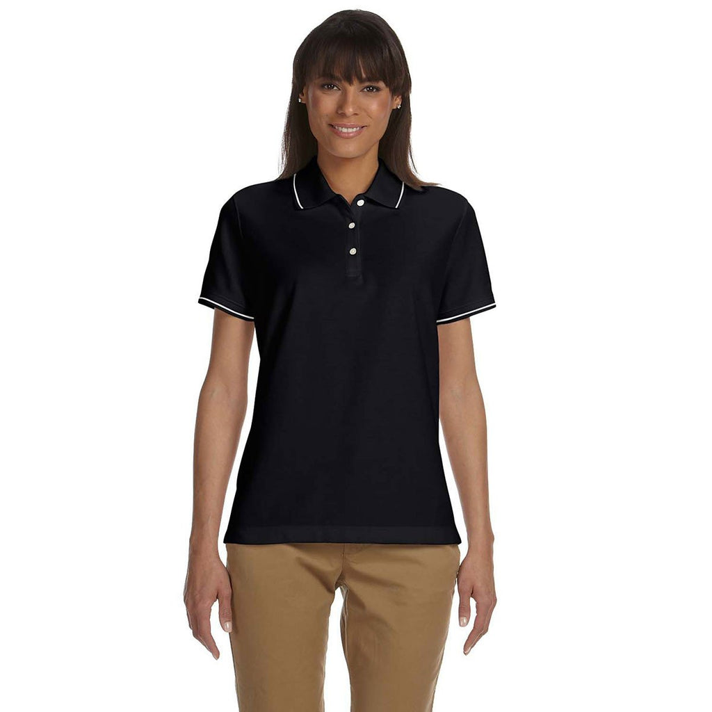 Devon & Jones Women's Black/White Pima Pique Short-Sleeve Tipped Polo