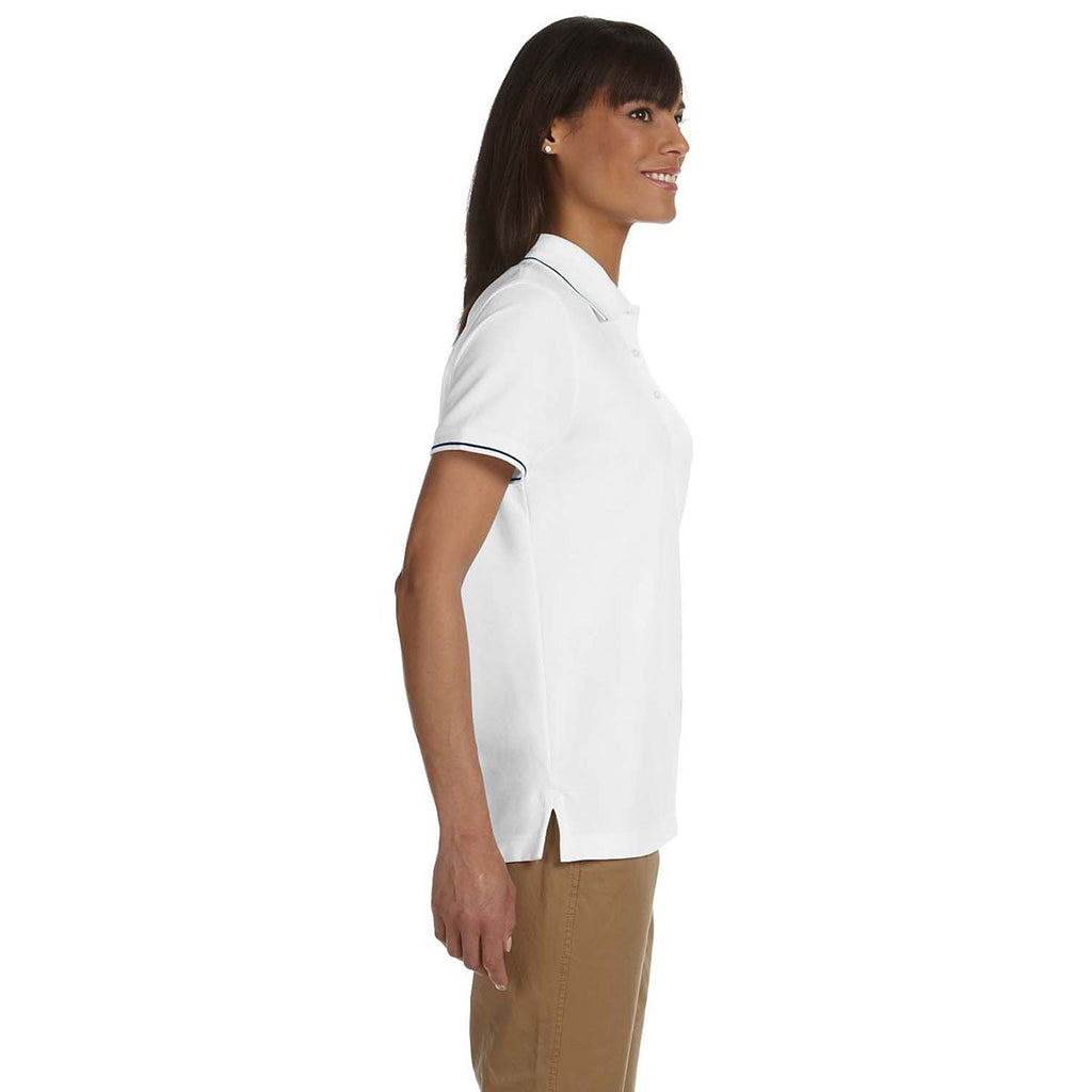 Devon & Jones Women's White/Navy Pima Pique Short-Sleeve Tipped Polo