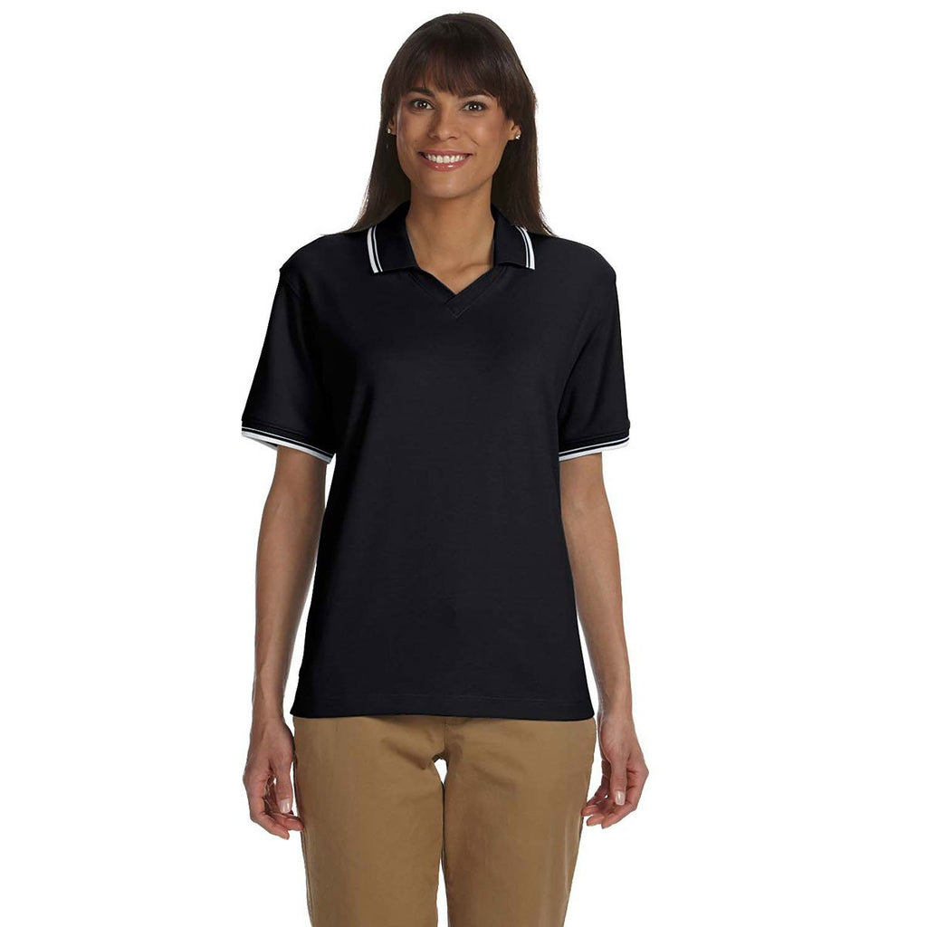 Devon & Jones Women's Black/White Tipped Perfect Pima Interlock Polo