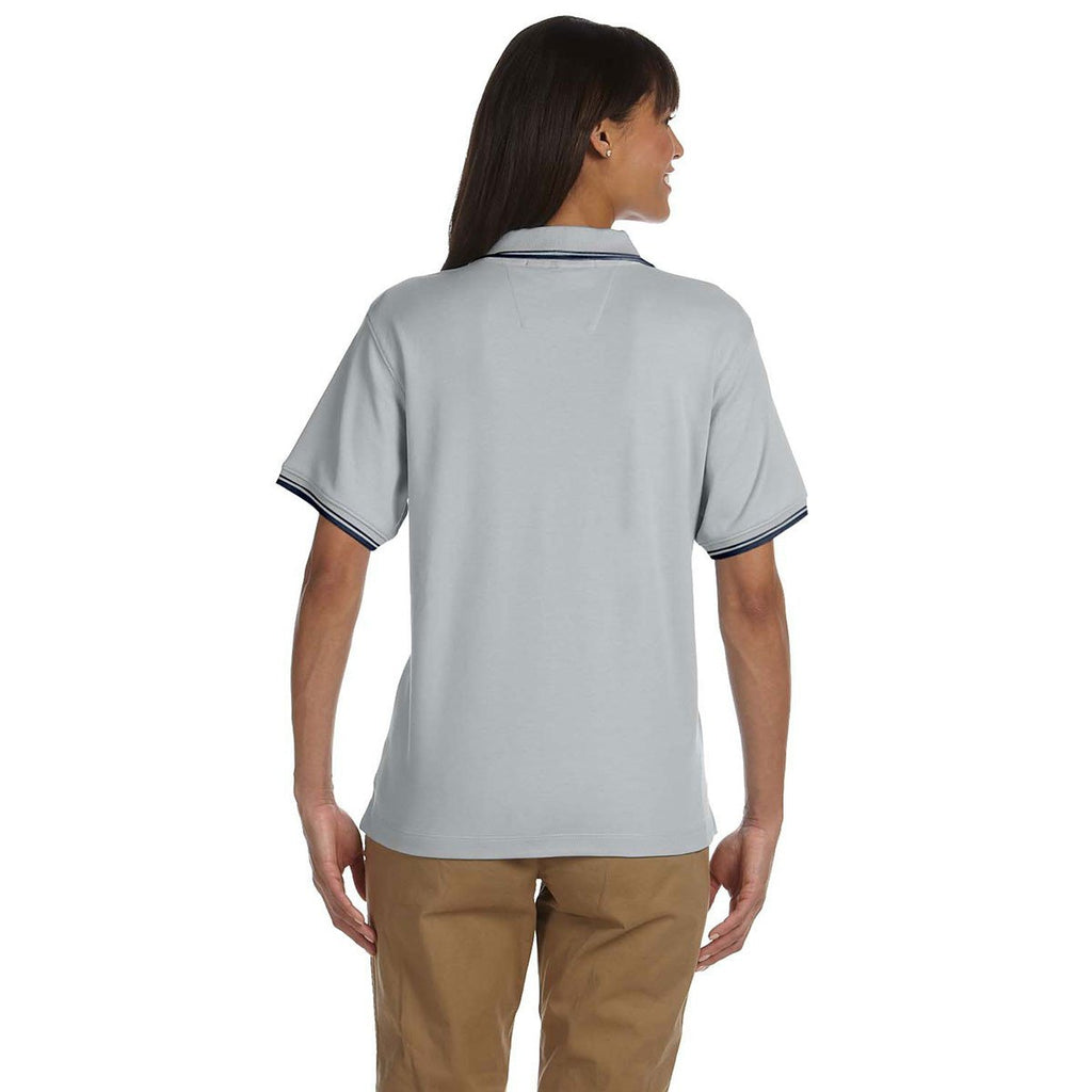 Devon & Jones Women's Grey Heather/Navy Tipped Perfect Pima Interlock Polo