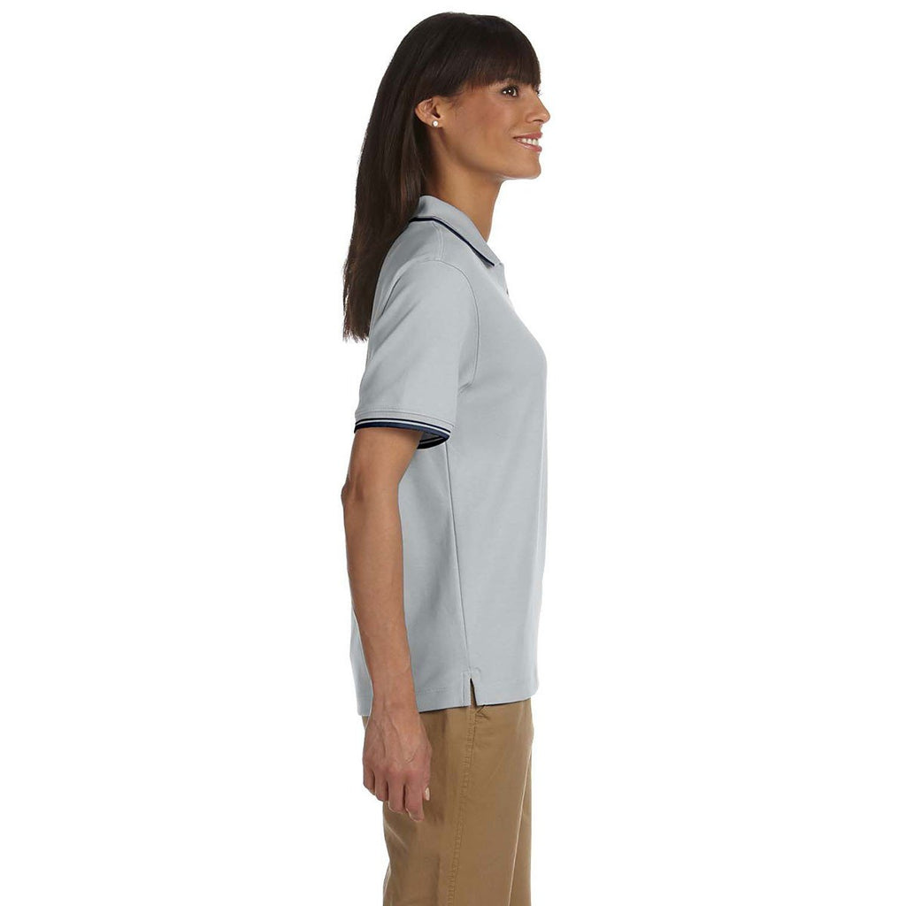 Devon & Jones Women's Grey Heather/Navy Tipped Perfect Pima Interlock Polo