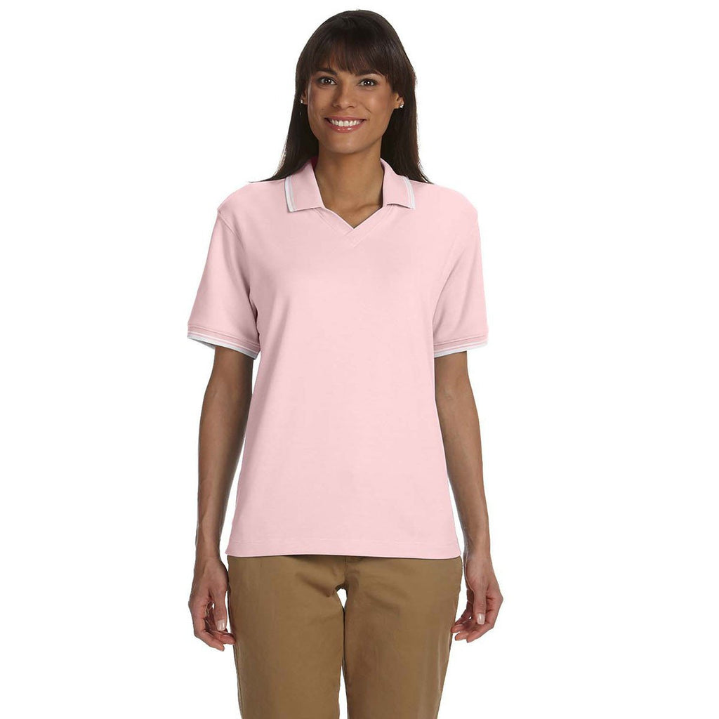 Devon & Jones Women's Pink/White Tipped Perfect Pima Interlock Polo