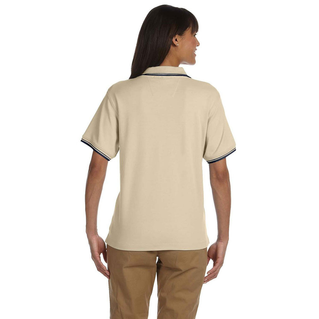 Devon & Jones Women's Stone/Navy Tipped Perfect Pima Interlock Polo