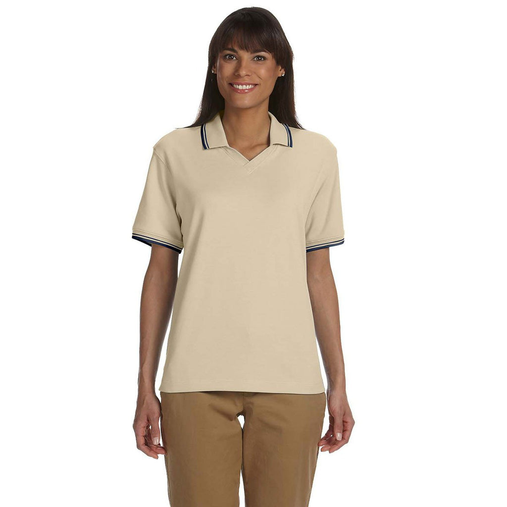 Devon & Jones Women's Stone/Navy Tipped Perfect Pima Interlock Polo