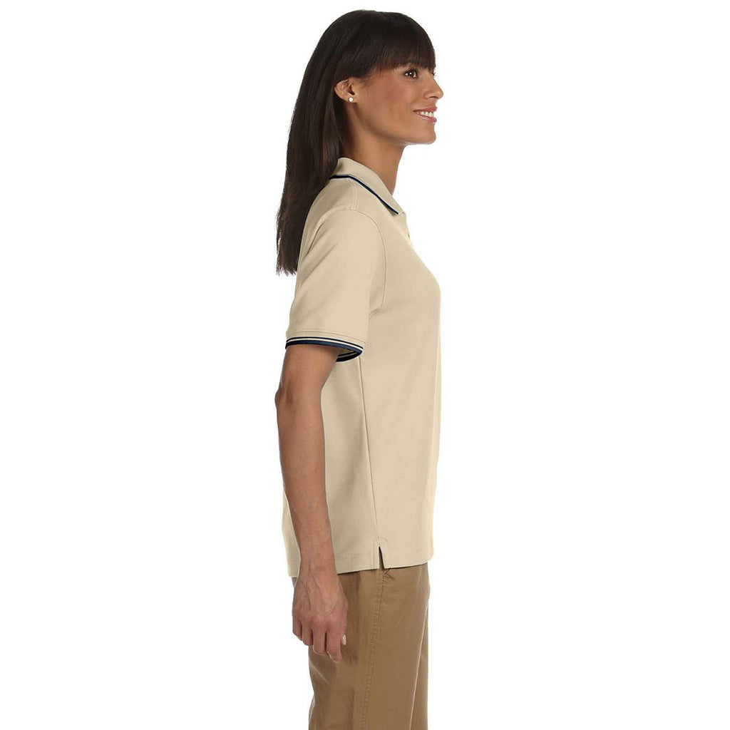 Devon & Jones Women's Stone/Navy Tipped Perfect Pima Interlock Polo