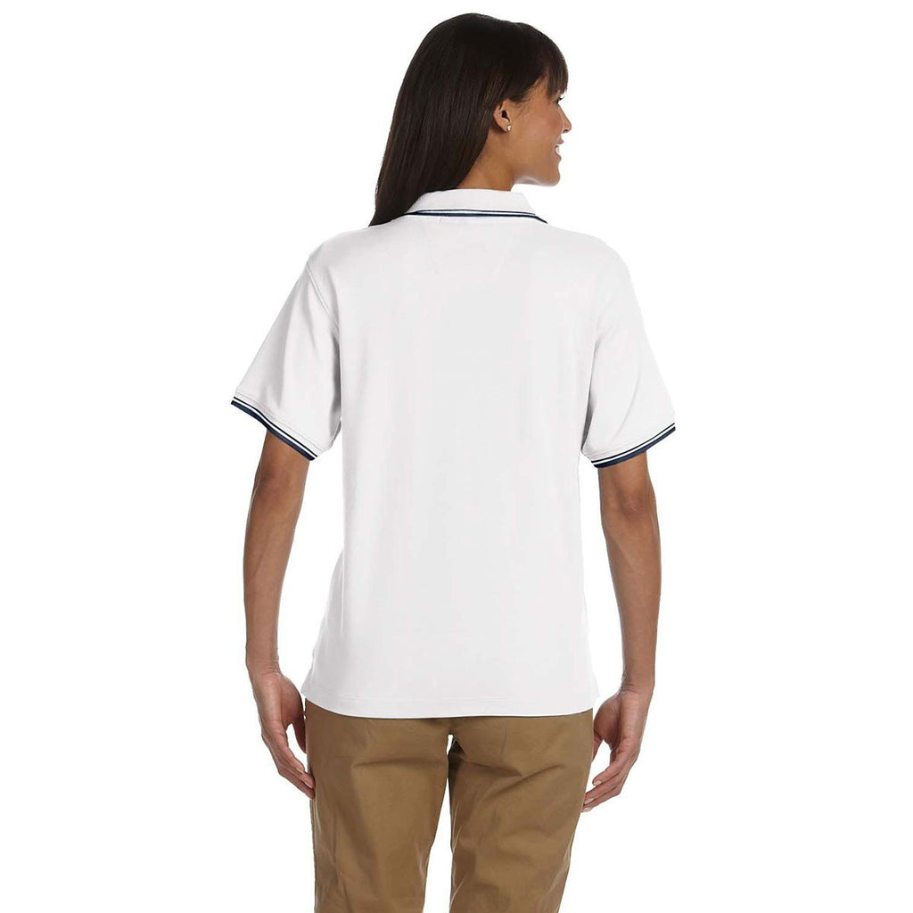 Devon & Jones Women's White/Navy Tipped Perfect Pima Interlock Polo