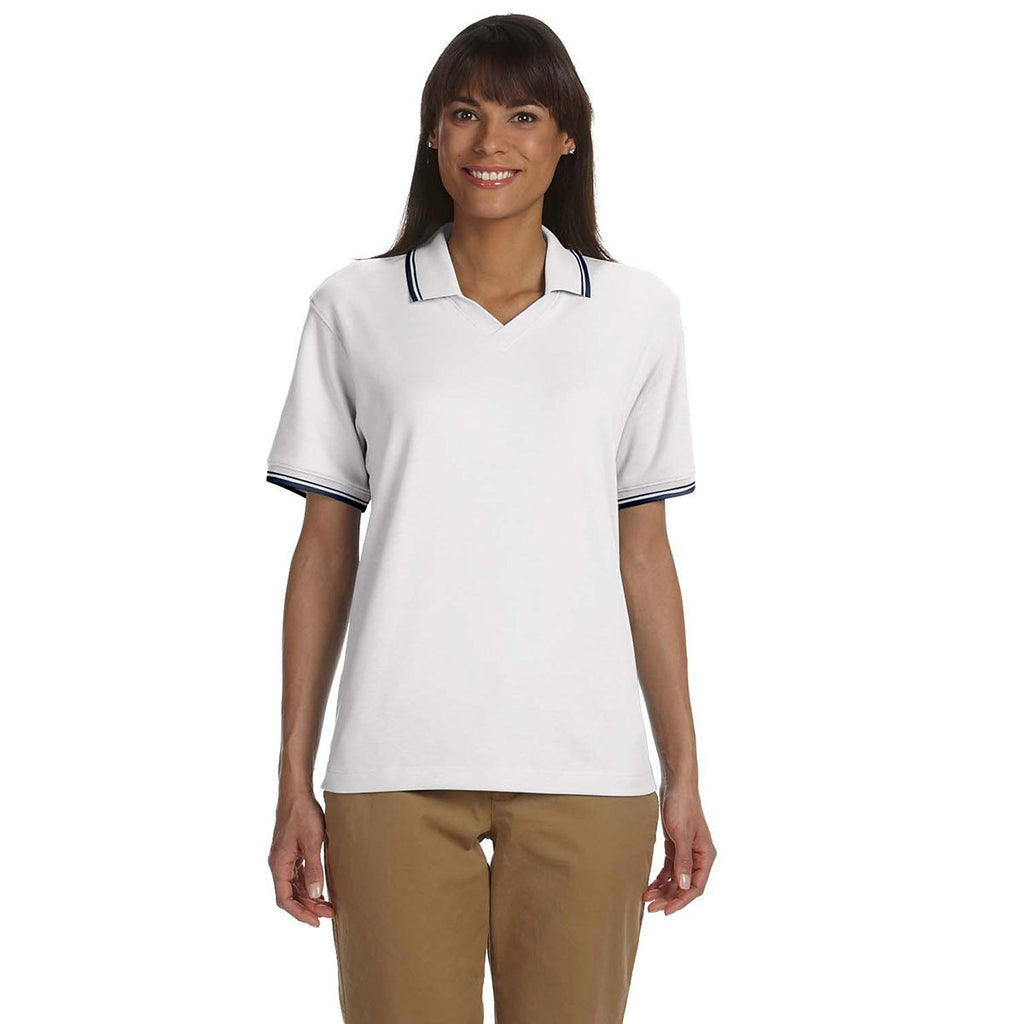 Devon & Jones Women's White/Navy Tipped Perfect Pima Interlock Polo