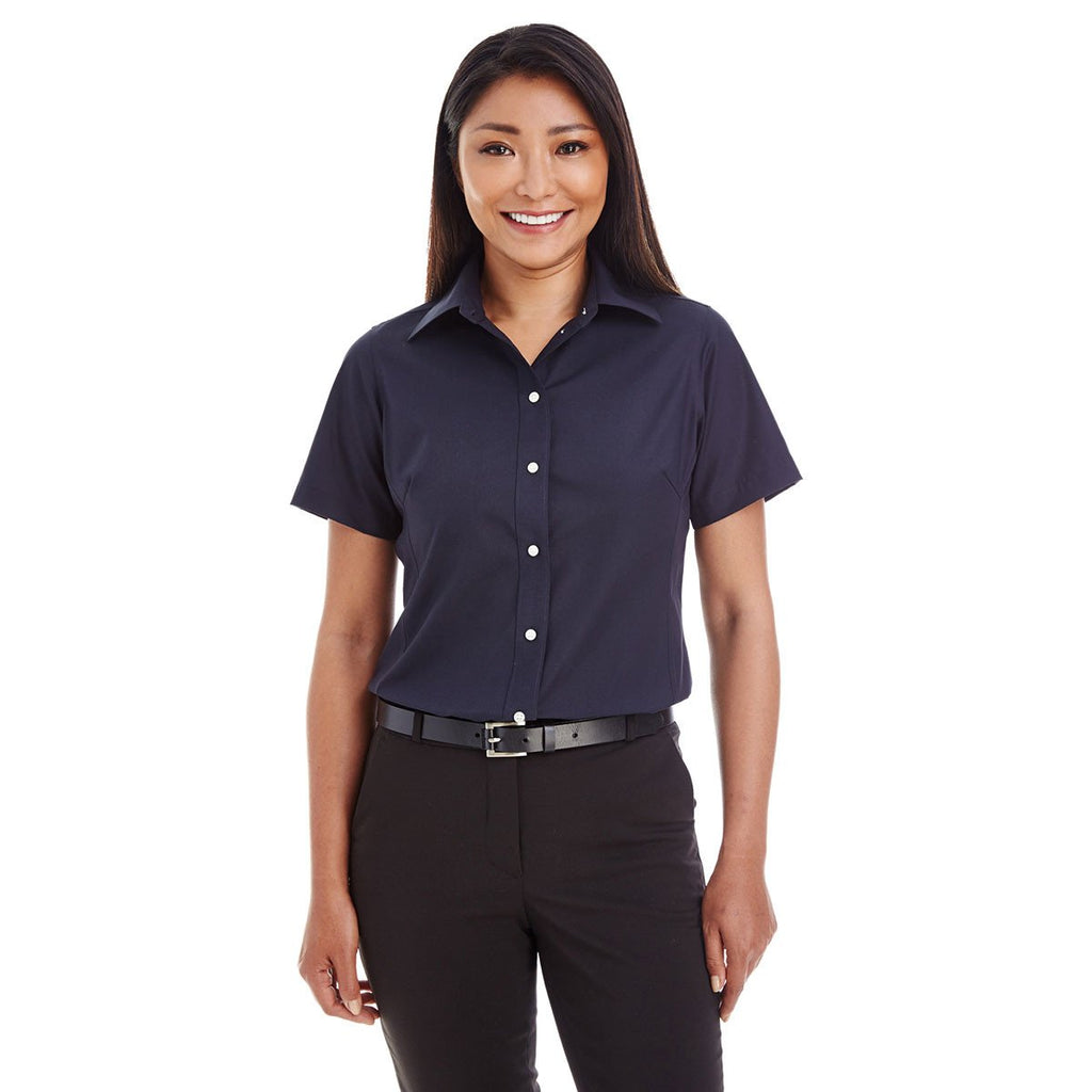 Devon & Jones Women's Navy Crown Collection Solid Broadcloth Short-Sleeve Shirt