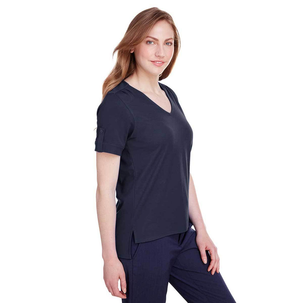 Devon & Jones Women's Navy CrownLux Performance Plaited Rolled-Sleeve Top