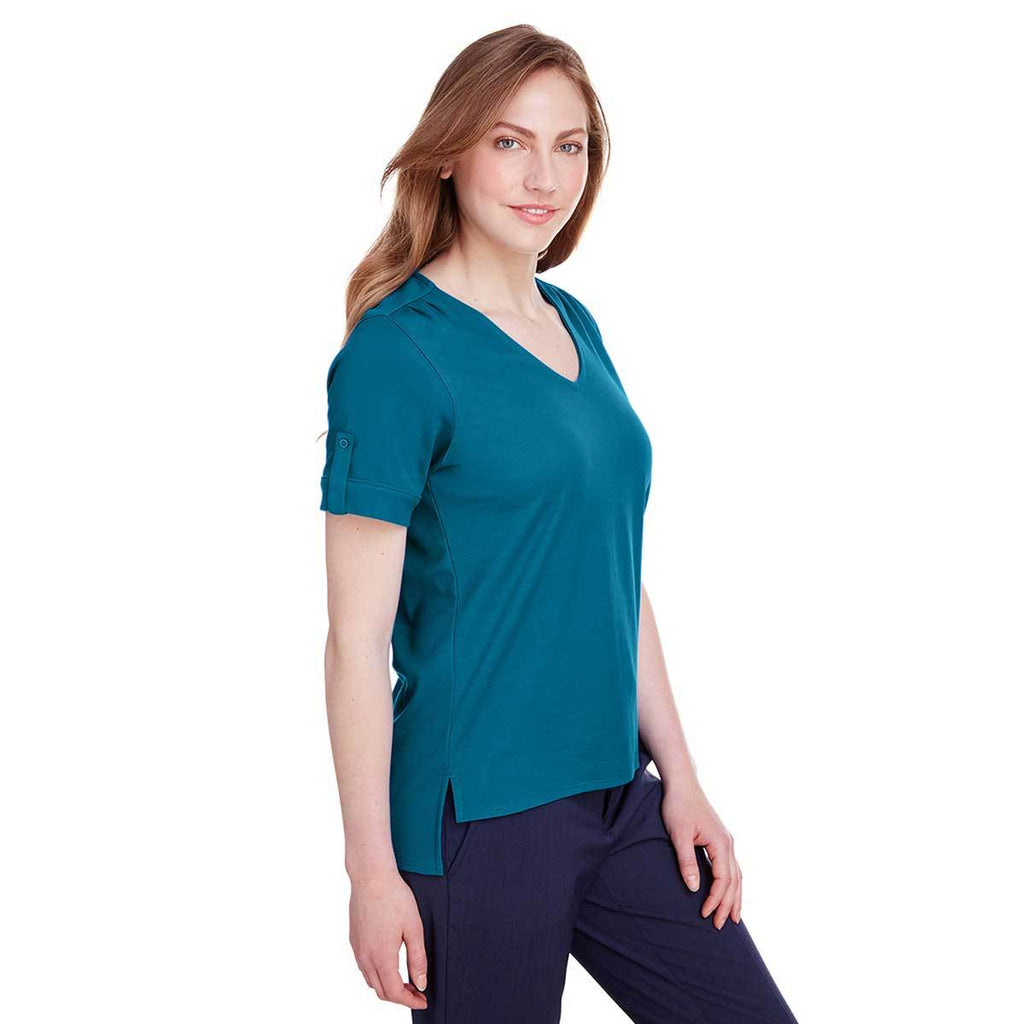 Devon & Jones Women's Dark Teal CrownLux Performance Plaited Rolled-Sleeve Top