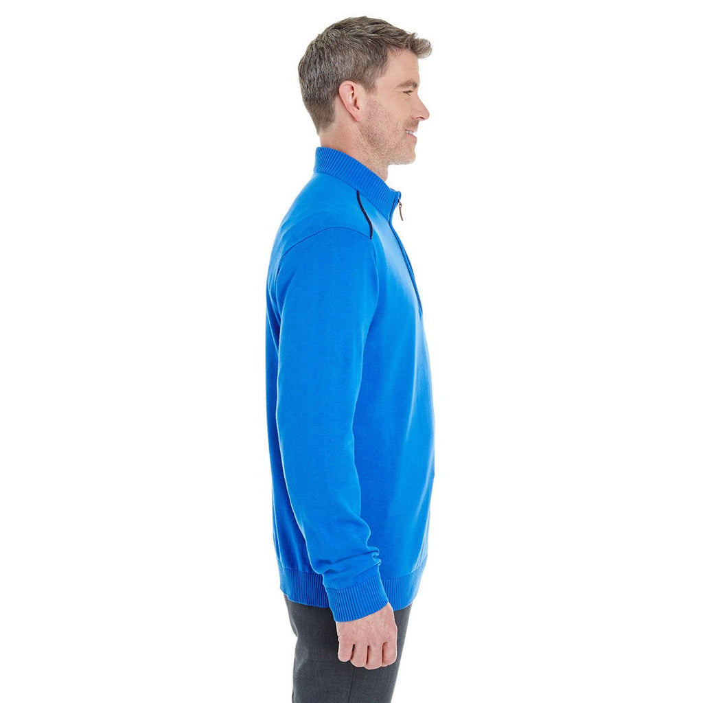 Devon & Jones Men's French Blue/Navy Manchester Fully-Fashioned Quarter-zip Sweater