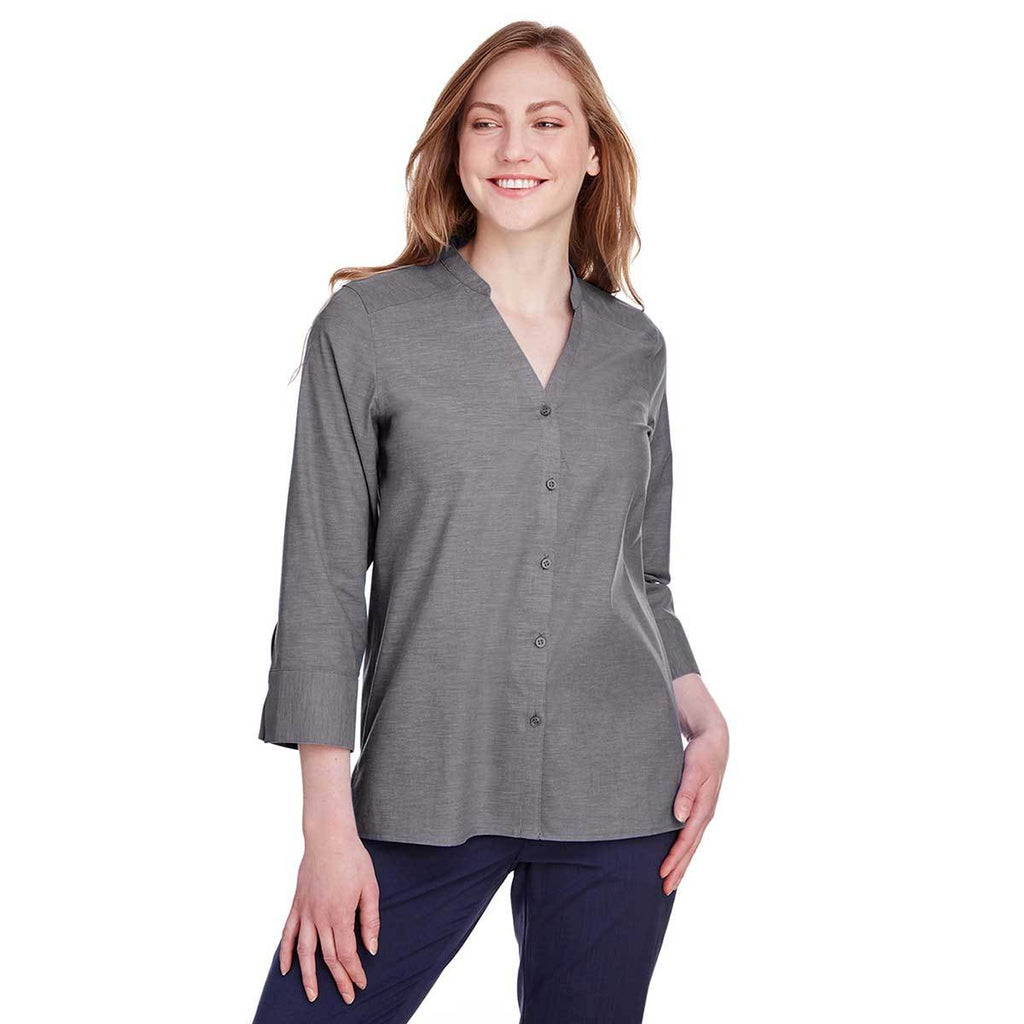 Devon & Jones Women's Graphite Crown Collection Stretch Pinpoint Chambray 3/4 Sleeve Blouse