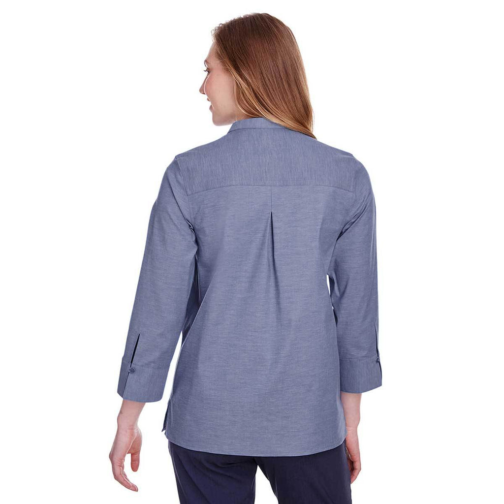 Devon & Jones Women's Navy Crown Collection Stretch Pinpoint Chambray 3/4 Sleeve Blouse