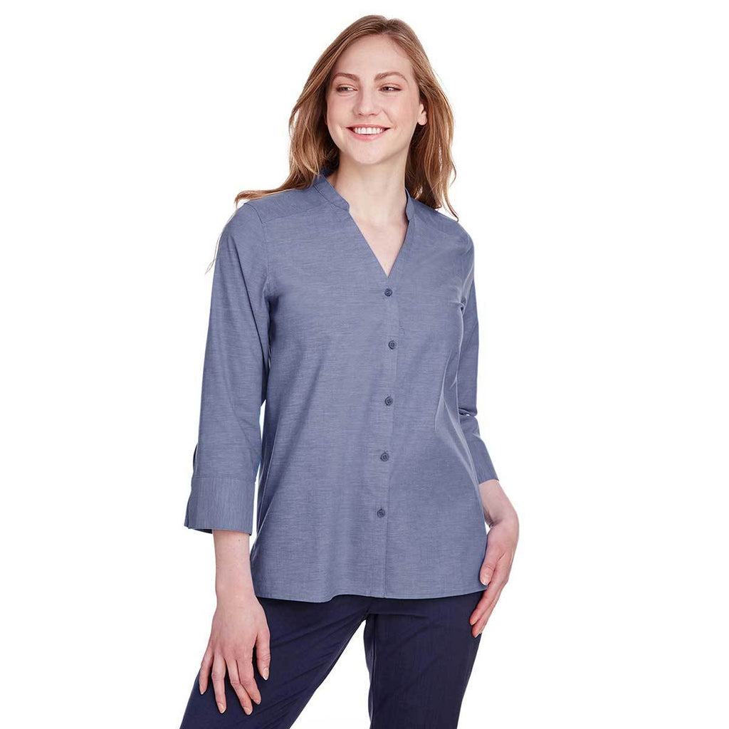 Devon & Jones Women's Navy Crown Collection Stretch Pinpoint Chambray 3/4 Sleeve Blouse