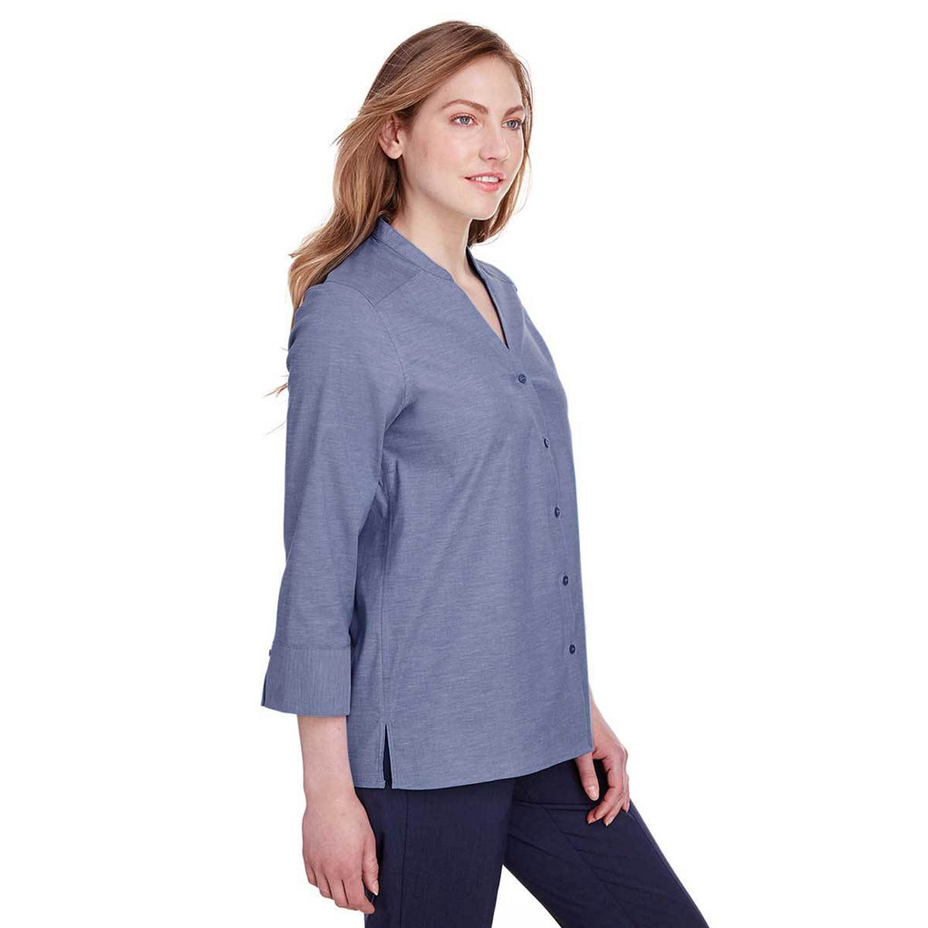 Devon & Jones Women's Navy Crown Collection Stretch Pinpoint Chambray 3/4 Sleeve Blouse