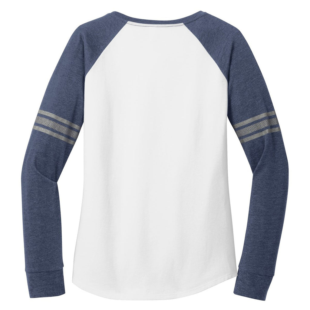 District Women's White/Heathered Navy/Silver Game Long Sleeve V-Neck Tee