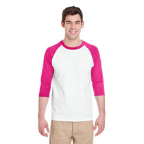 Gildan Men's White/Heliconia 5.3 oz. 3/4-Raglan Sleeve T-Shirt