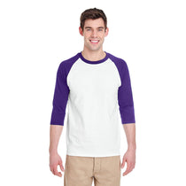 Gildan Men's White/Purple 5.3 oz. 3/4-Raglan Sleeve T-Shirt