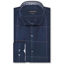 Bugatchi Men's Navy Spread Collar French Placket No Pocket Long Sleeve Shaped Fit