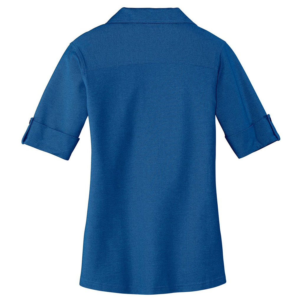 Port Authority Women's Marina Blue/True Navy Oxford Pique Double Pocket Polo