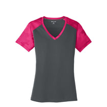 Sport-Tek Women's Iron Grey/Pink Raspberry CamoHex Colorblock V-Neck Tee
