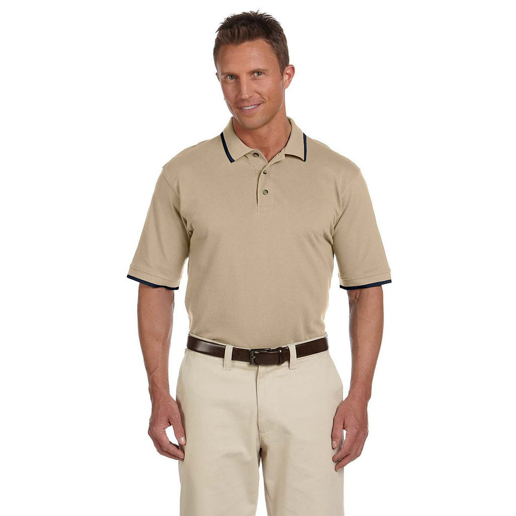Harriton Men's Stone/Navy 6 oz. Short-Sleeve Pique Polo with Tipping