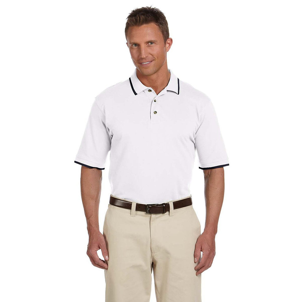 Harriton Men's White/Navy 6 oz. Short-Sleeve Pique Polo with Tipping