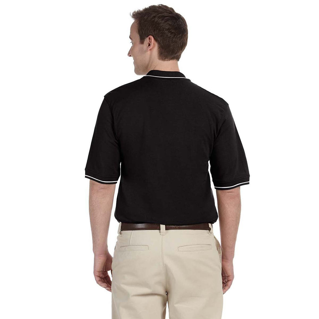 Harriton Men's Black/White 5.6 oz. Tipped Easy Blend Polo