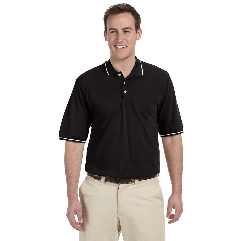 Harriton Men's Black/White 5.6 oz. Tipped Easy Blend Polo