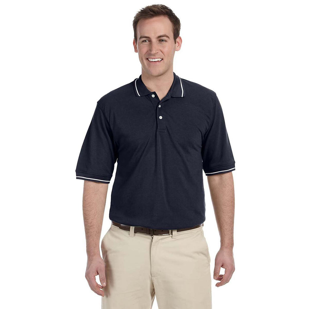 Harriton Men's Navy/White 5.6 oz. Tipped Easy Blend Polo
