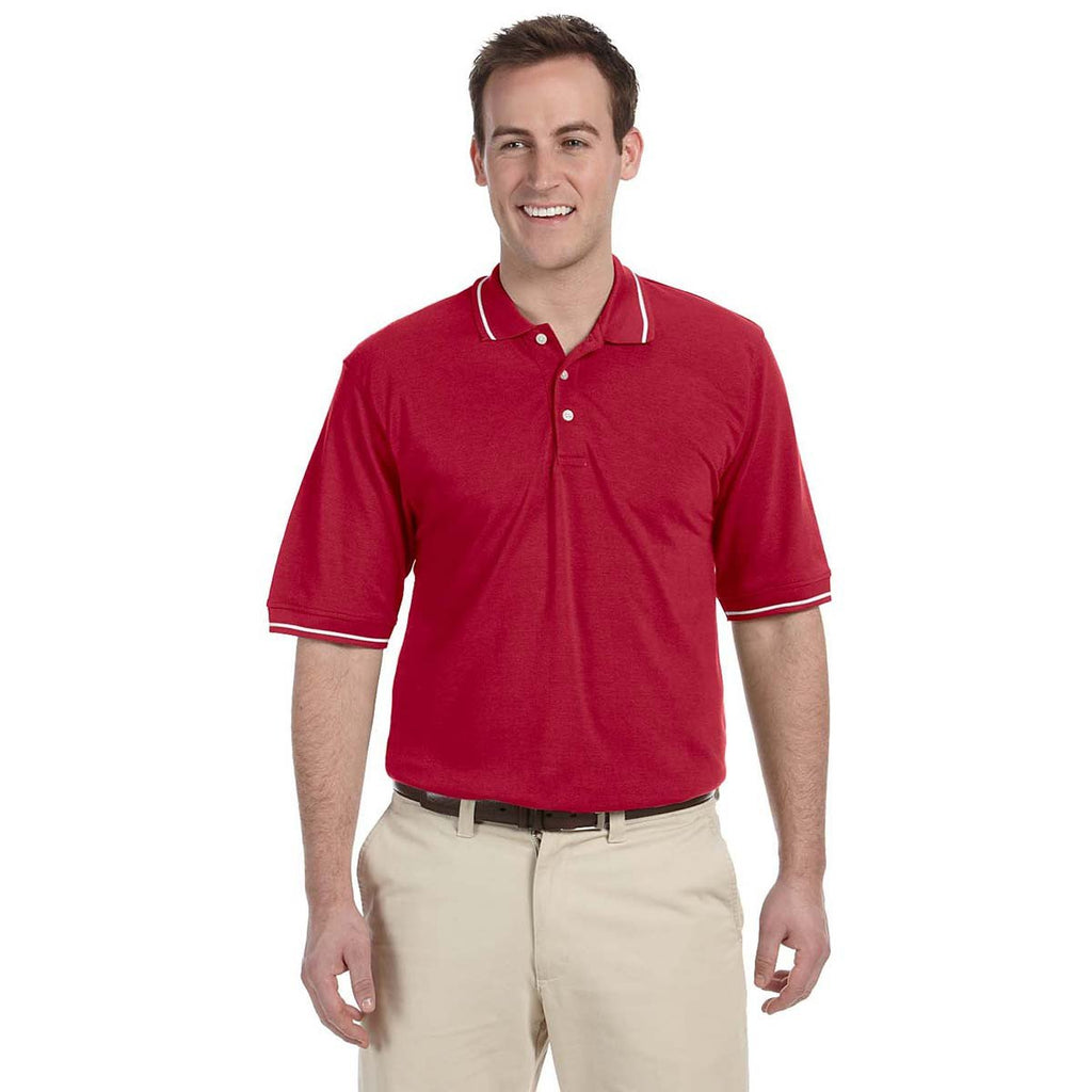 Harriton Men's Red/White 5.6 oz. Tipped Easy Blend Polo