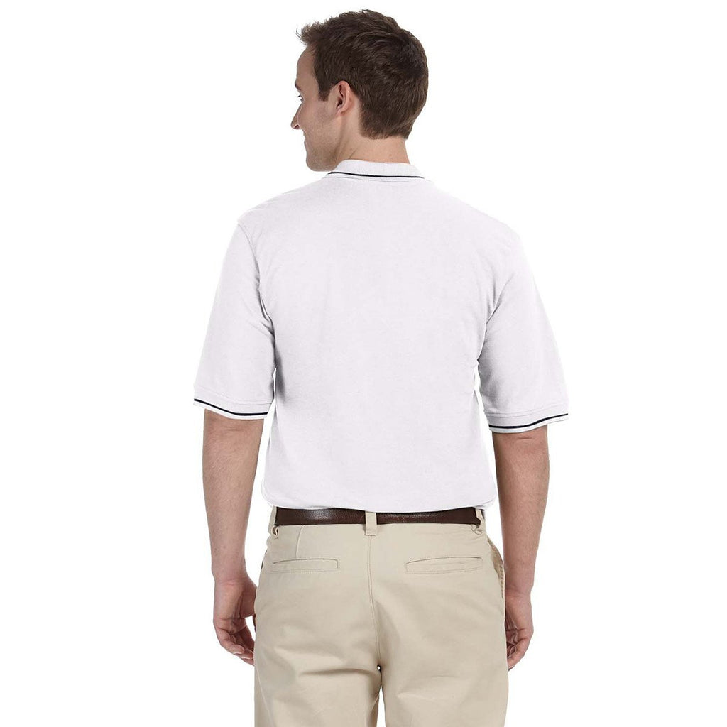 Harriton Men's White/Navy 5.6 oz. Tipped Easy Blend Polo