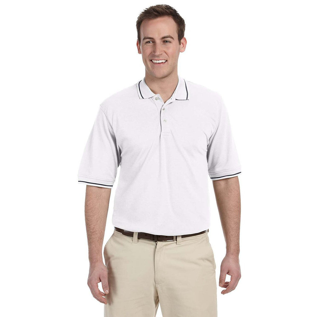 Harriton Men's White/Navy 5.6 oz. Tipped Easy Blend Polo