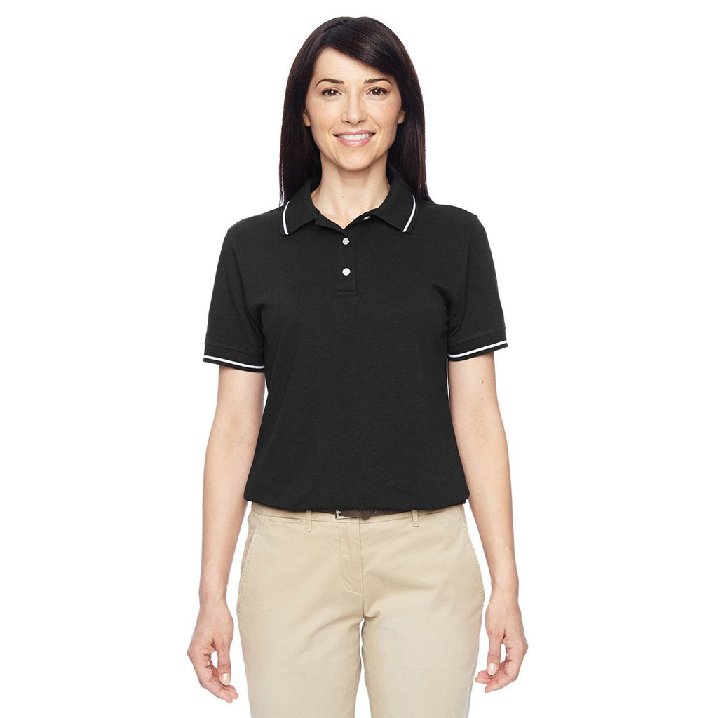 Harriton Women's Black/White 5.6 oz. Tipped Easy Blend Polo