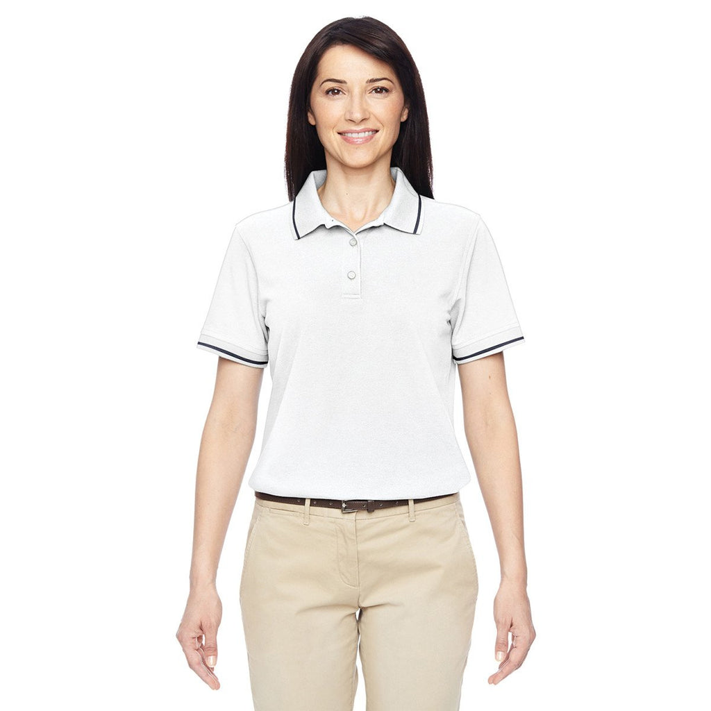 Harriton Women's White/Navy 5.6 oz. Tipped Easy Blend Polo