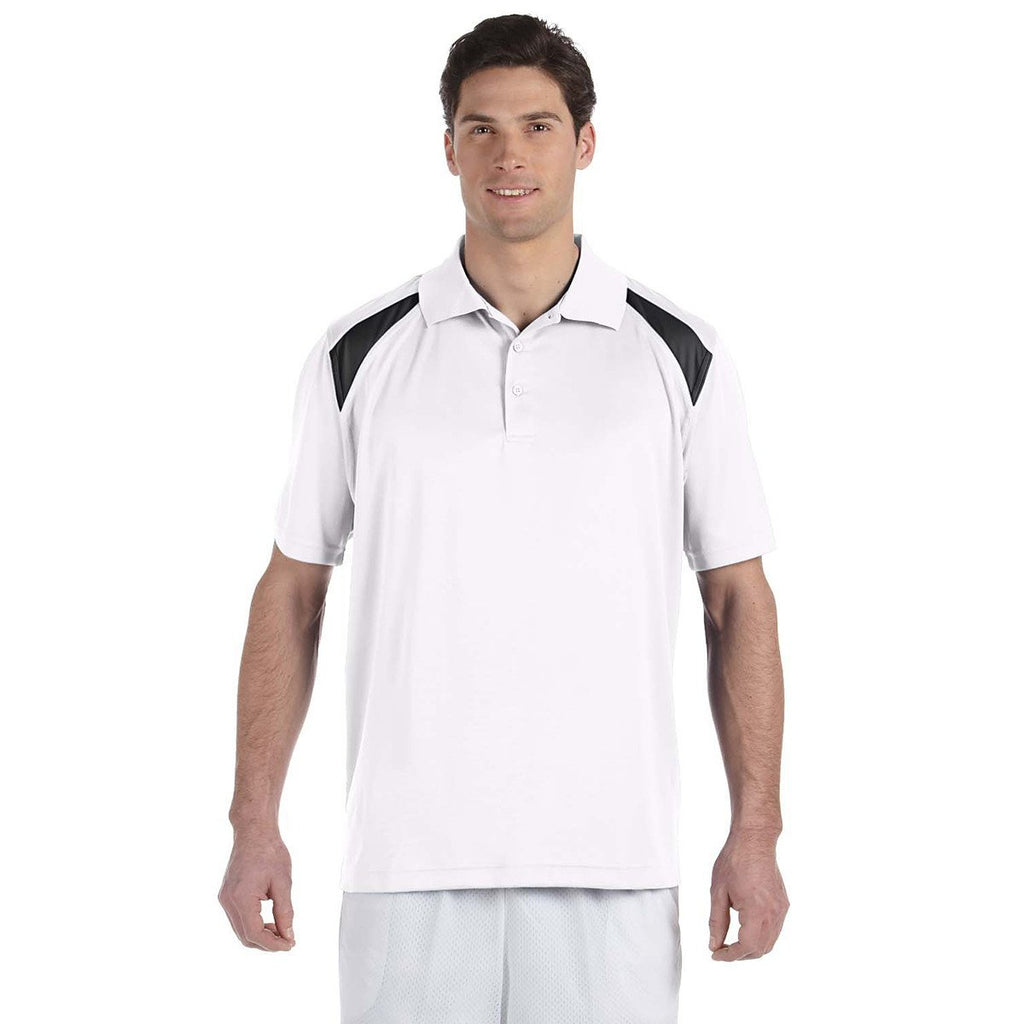 Harriton Men's White/Black 4 oz. Polytech Colorblock Polo