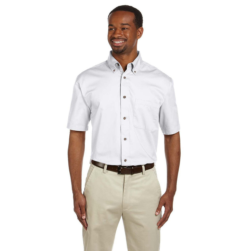 Harriton Men's White Easy Blend Short-Sleeve Twill Shirt with Stain-Release
