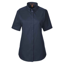 Harriton Women's Dark Navy Foundation 100% Cotton Short-Sleeve Twill Shirt Teflon