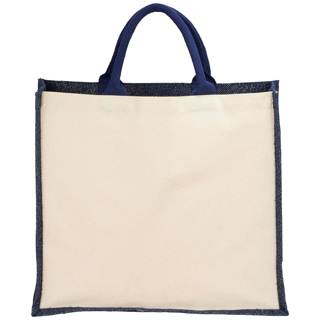 Bullet Navy Blue Metallic Jute Cotton Canvas Shopper Tote