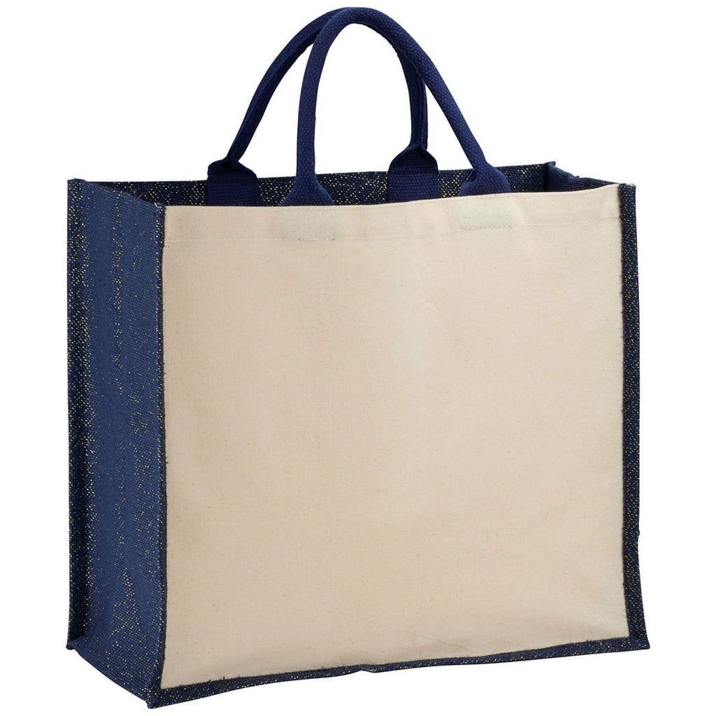 Bullet Navy Blue Metallic Jute Cotton Canvas Shopper Tote