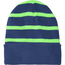 Sport-Tek Team Navy/Flash Green Striped Beanie with Solid Band