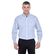 UltraClub Men's Light Blue Long-Sleeve Performance Pinpoint